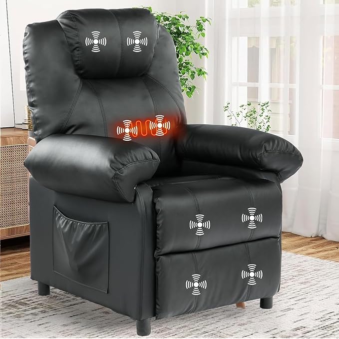 KCREAM Faux Leather Recliner Chair with Massage and Heat, Mid Century Overstuffed Manual Reclining Chair, Massaging Push Back Recliner Chair Single Sofa for Living Room, Black