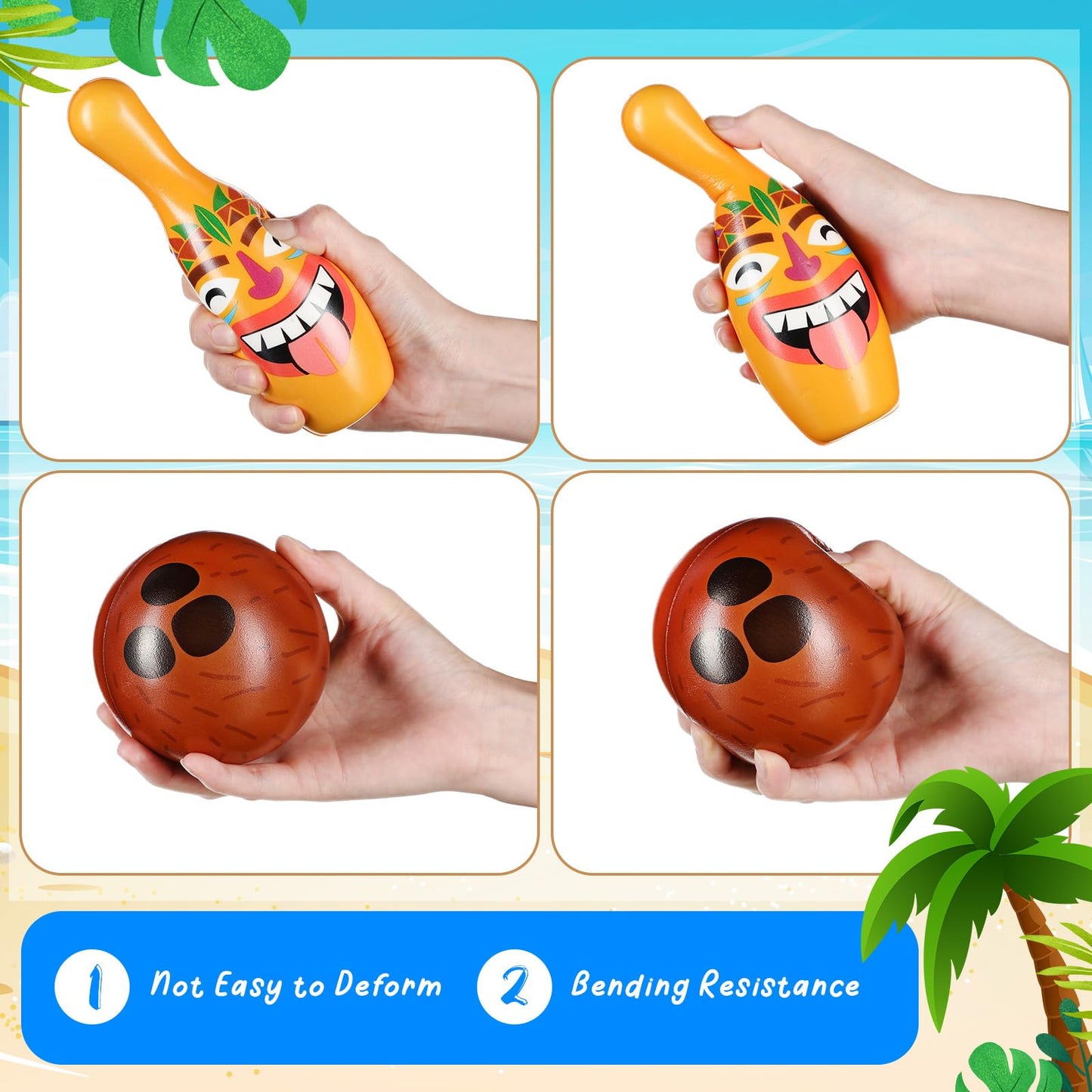 Harrycle 12 Pcs Luau Party Games for Kids Toddlers Adults Summer Tropical Hawaiian Bowling Set 10 Tiki Pins and 2 Cocout Balls Birthday Gifts for Yard Lawn Backyard Indoor Outdoor