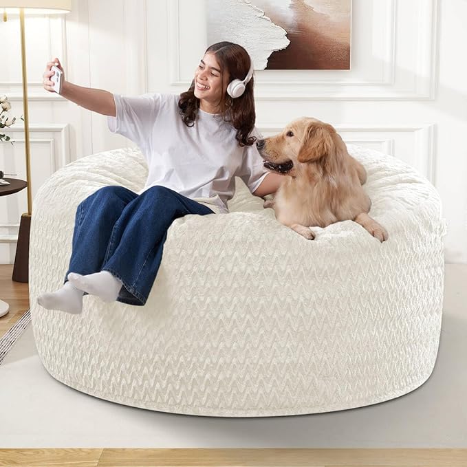 HABUTWAY 3FT Bean Bag Chair,Giant Bean Bag Chairs for Adults,Big Bean Bags with Memory Foam Filled, Large Beanbag Chairs with Chevron Plush Cover-White