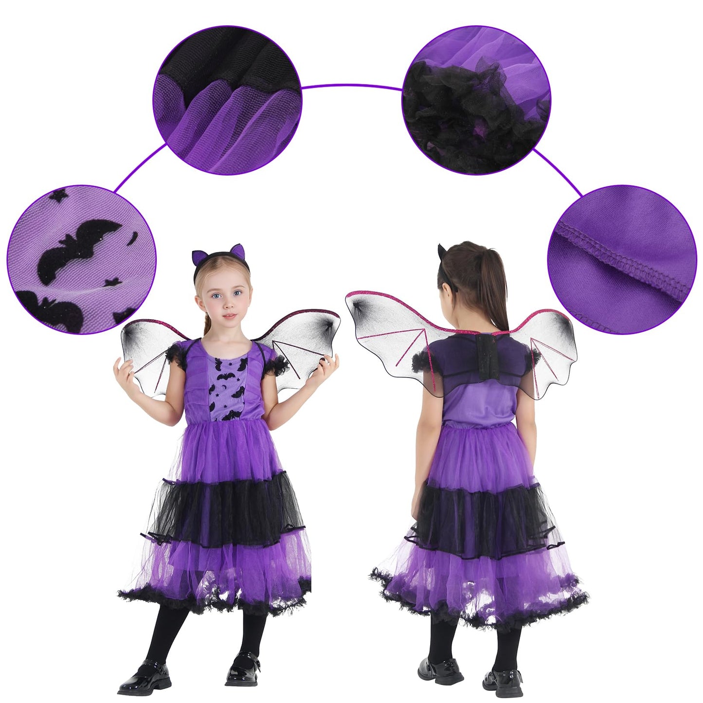 EOZY Girls Bat Vampire Costume Kids Halloween Clothes Animal Cosplay Purple Dress (4-6 Years)
