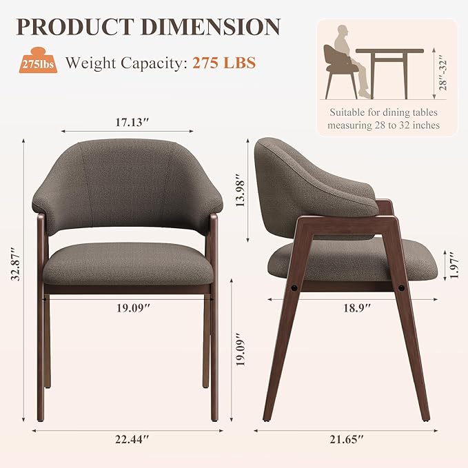 MALOL Wooden Dining Chairs Set of 2, Modern Fabric Upholstered Dining Room Chair, Kitchen Side Chairs, Farmhouse Dinner Chair with Curved Open Back for Kitchen, Camel