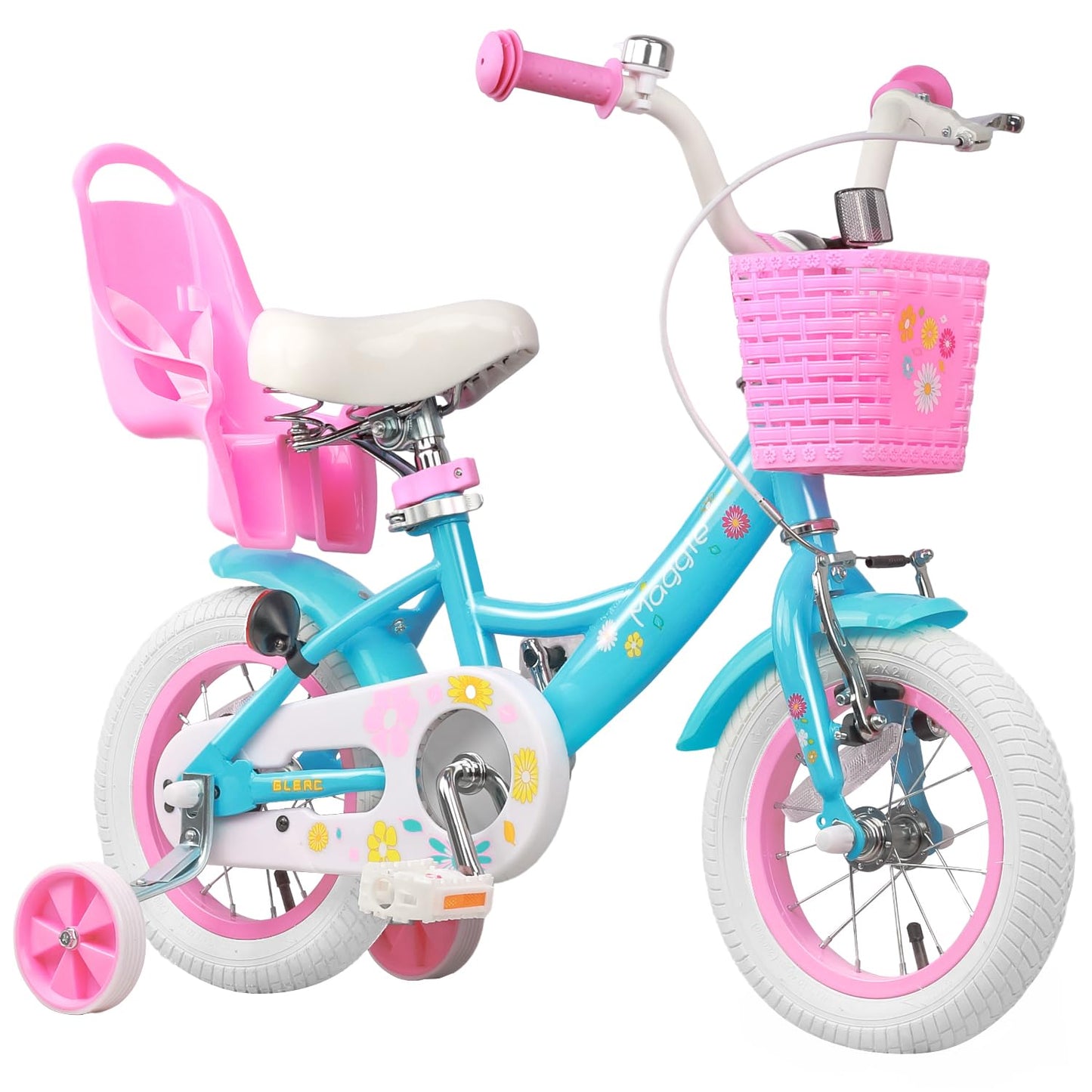 Glerc Maggie Girls Bike, 12 Inch Kids Bike for 2-4 Years Old Children, Princess Style Toddler Bike with Doll-Seat & Basket & Training Wheels, Blue
