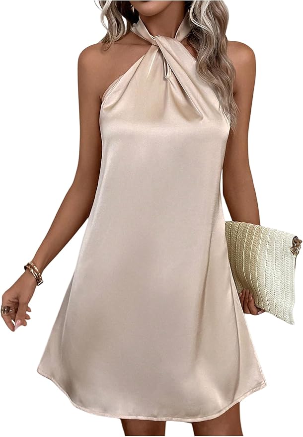 Floerns Women's Pearl Beaded Halter Twist Sleeveless Tie Back Dress A Line Dress