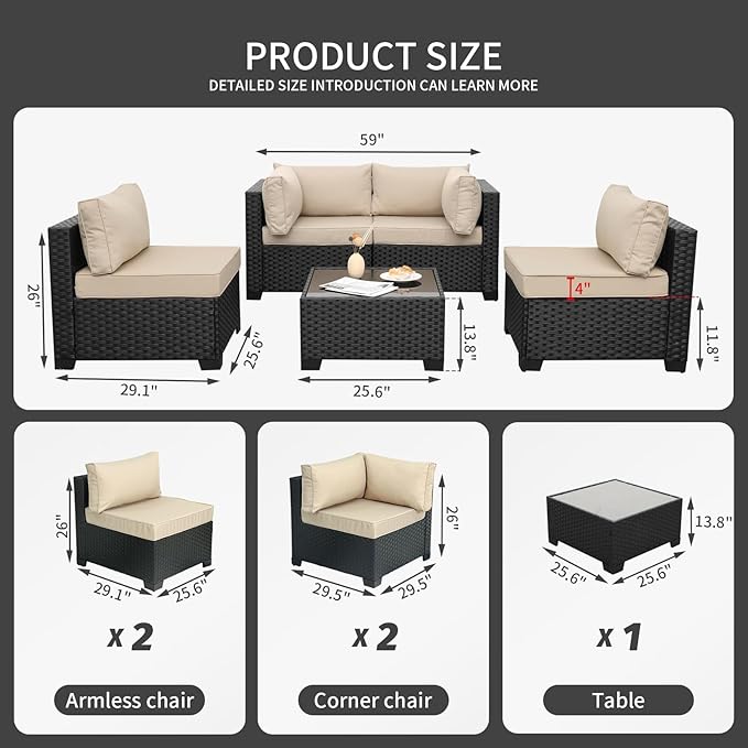WAROOM Outdoor Patio PE Wicker 5 Piece Furniture Set, Black Rattan Sectional Conversation Sofa Chair with Coffee Table,Khaki Cushion