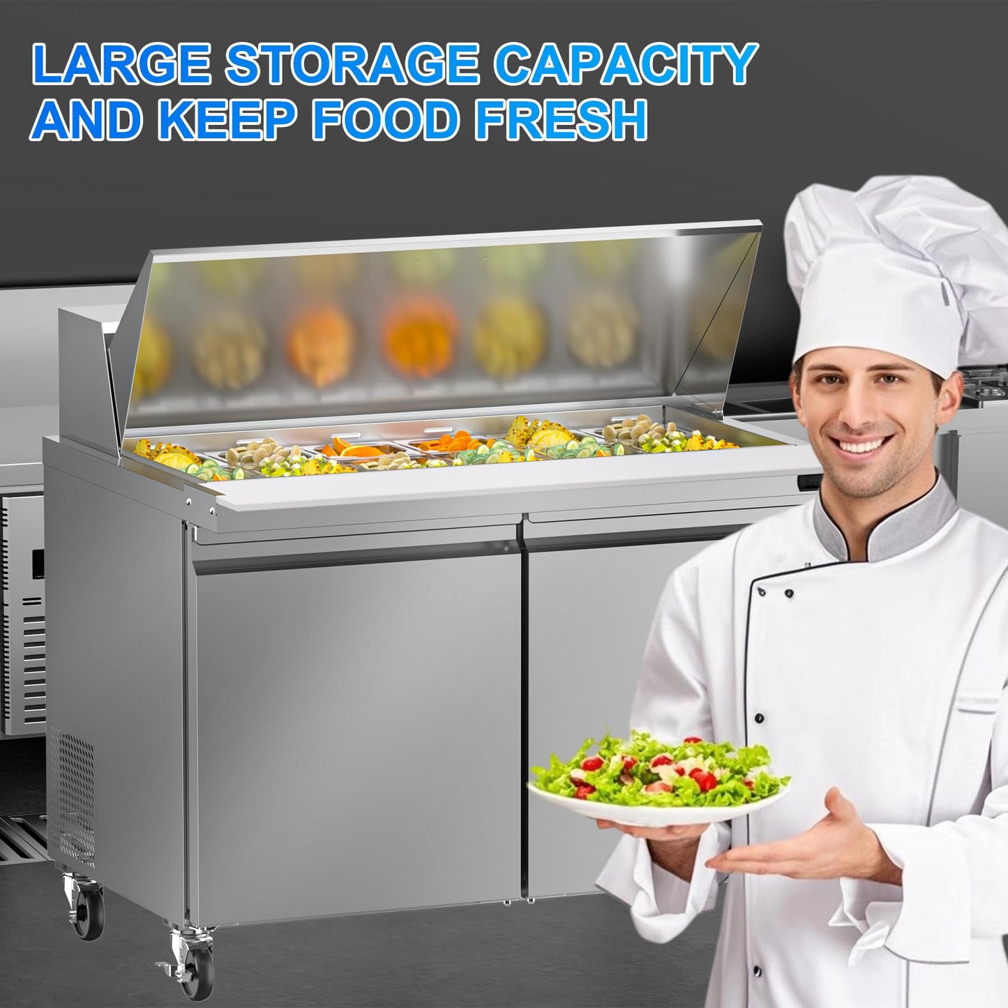 Rockitch 48" W Commercial Refrigerator Sandwich Salad Prep Table, 13.8 Cu.ft 2 Door Commercial Stainless Steel Mega Top Food Prep Fridge with 18 Pans, Salad Prep Station for Restaurant, Bar, Shop