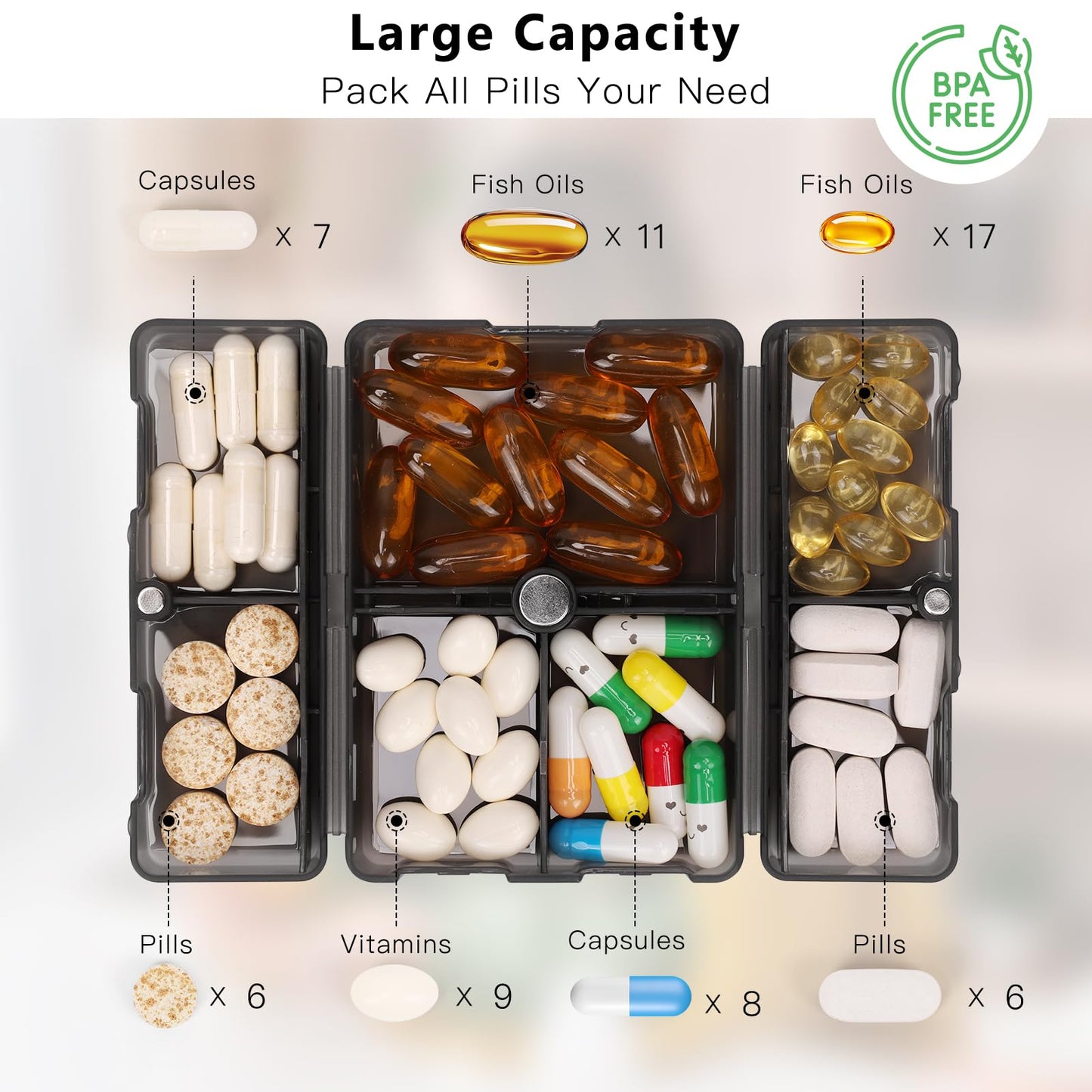 FYY Daily Pill Organizer,2 Pcs 7 Compartments Portable Pill Case Travel Pill Organizer,[Folding Design] Pill Box for Purse Pocket to Hold Vitamins,Cod Liver Oil,Supplements and Medication-Clear Black