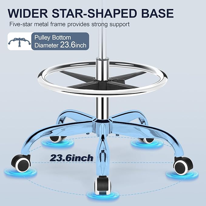Brick Attic Drafting Chair with Backrest – Adjustable Foot Rest Rolling Stool with Wheels, PU Leather Swivel Stool for Office Spa Studio Lab Counter Salon Home Work Bar Kitchen Shop(White)