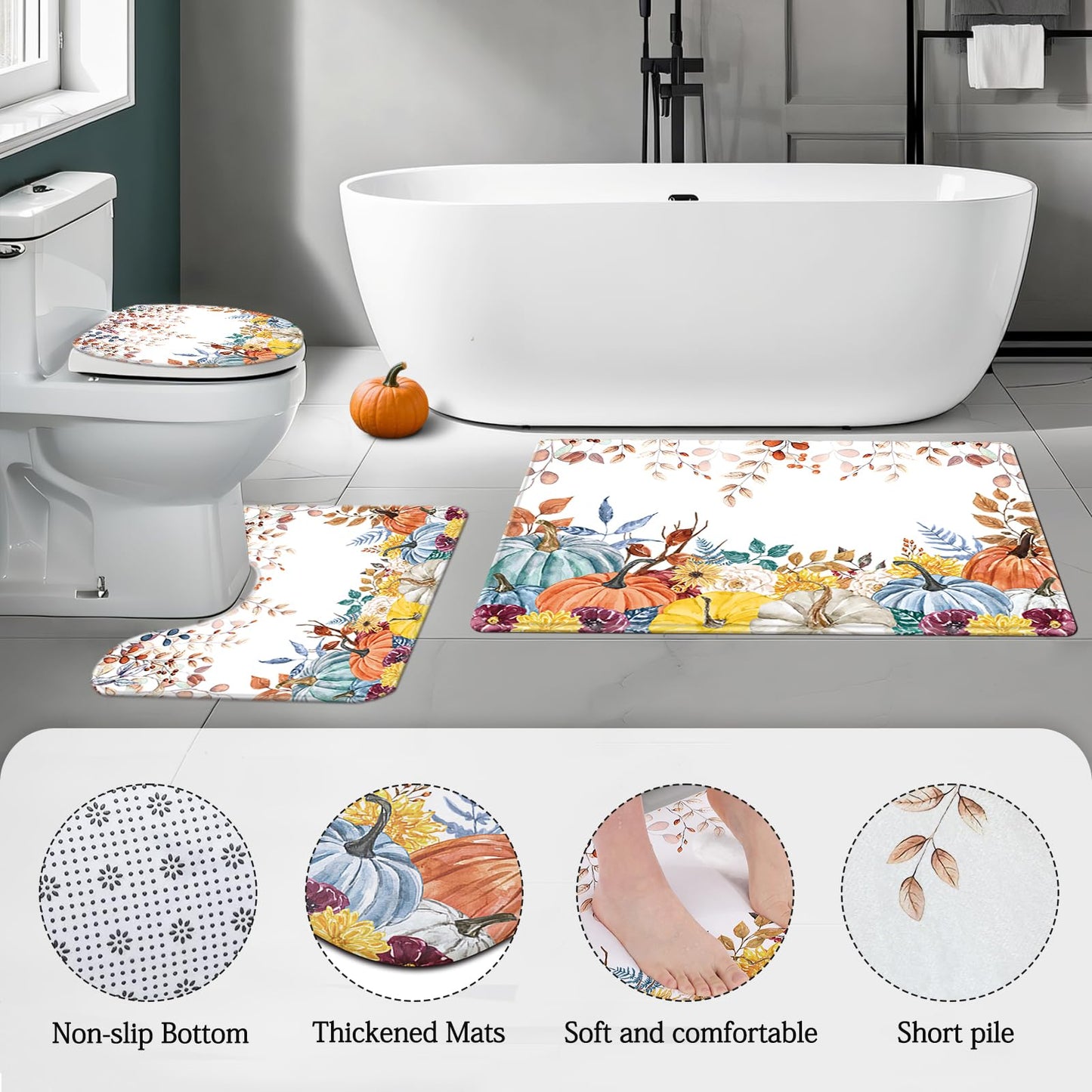 APROPHIC Fall Pumpkin Shower Curtain 4PCS, Thanksgiving Eucalyptus Leaves Pumpkin Shower Curtain Set,Farmhouse Boho Bath Decor with Non-Slip Rugs Toilet Lid Cover and Bath Mat