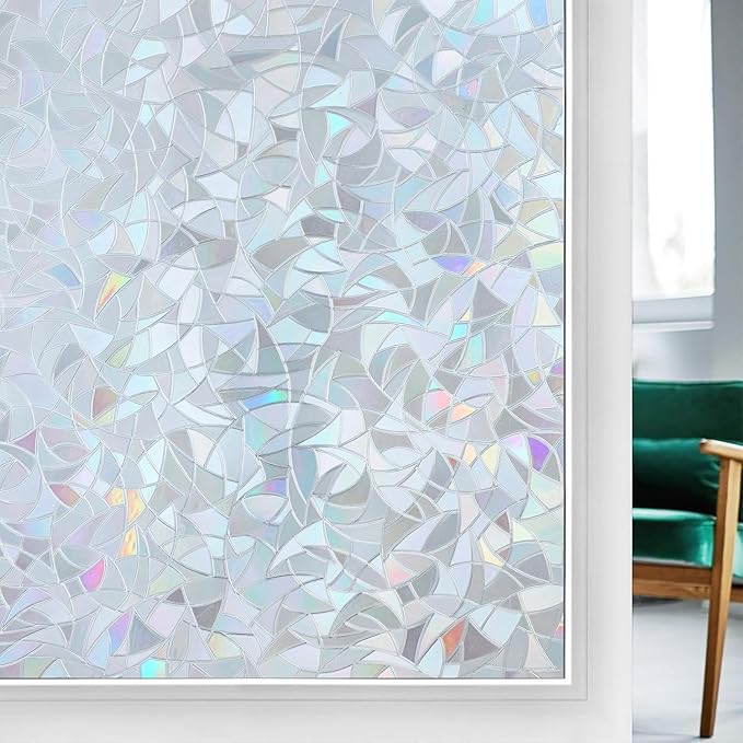 rabbitgoo Window Privacy Film Rainbow Film Decorative Window Sticker, 3D Static Stained Glass Cling Tint for Home Heat Control Non-Adhesive, Grayish Silver, 29.5 x 78.7 inches
