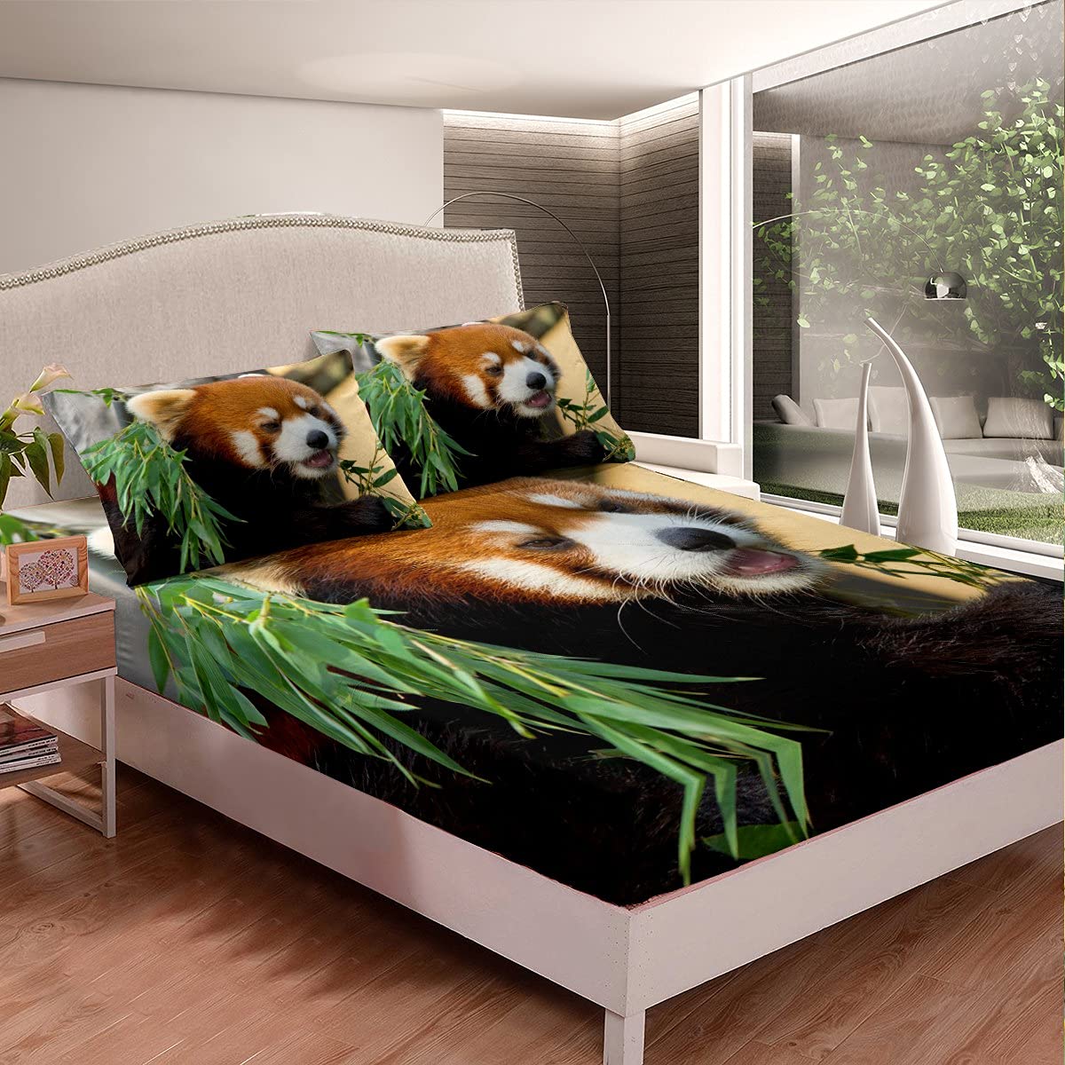 Red Panda Bed Sheets Cute Animal Pattern Bedding Set for Kids Boys Girls Teens Red Panda Leaves Print Bed Sheet Set Breathable Nature Fitted Sheet Bedroom Collection 3Pcs Full Size