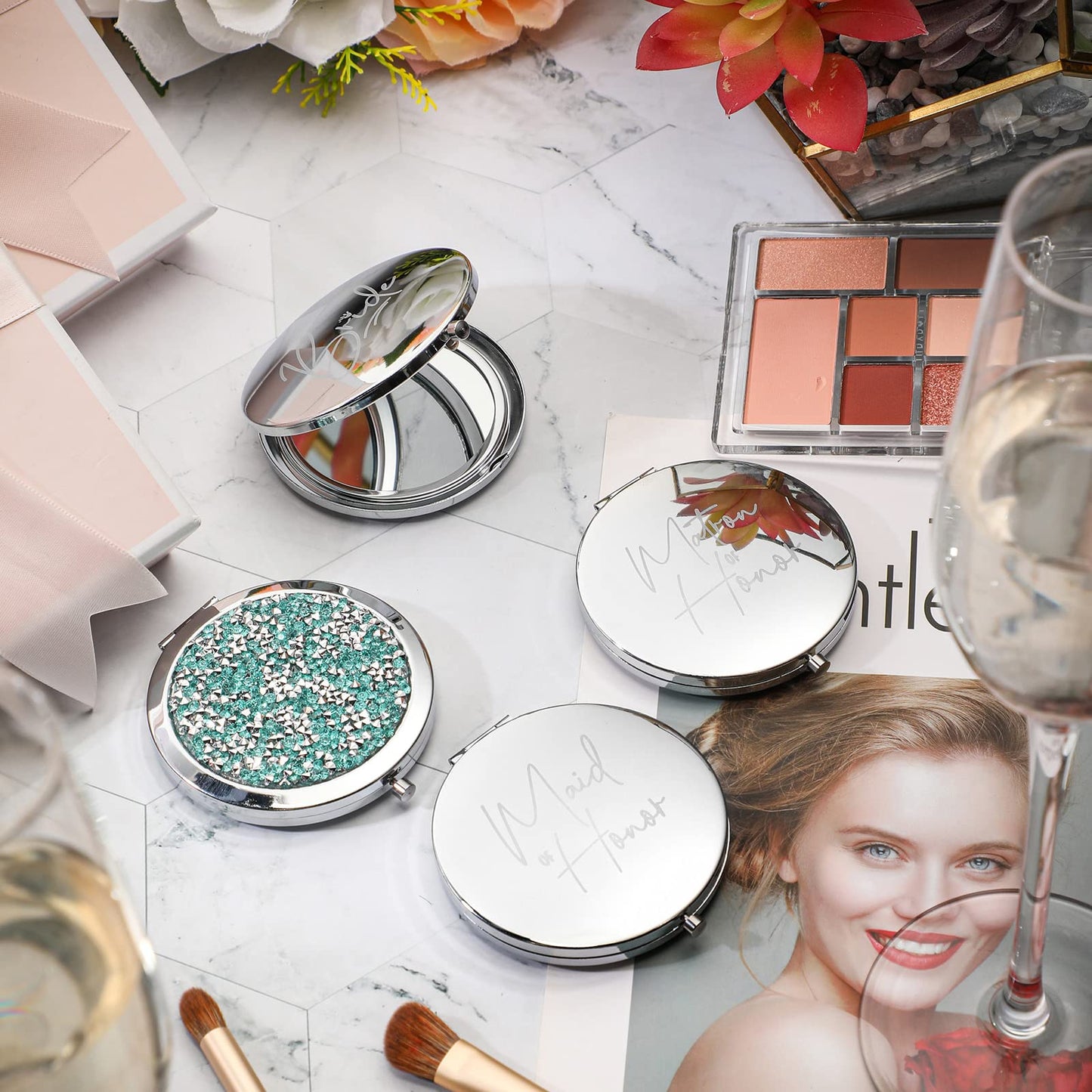 Roowest 8 Pcs Bridesmaid Compact Mirrors Bulk Magnifying Makeup Bridesmaid Gifts Set Double Sided for Purse Pocket for Bridal Sh