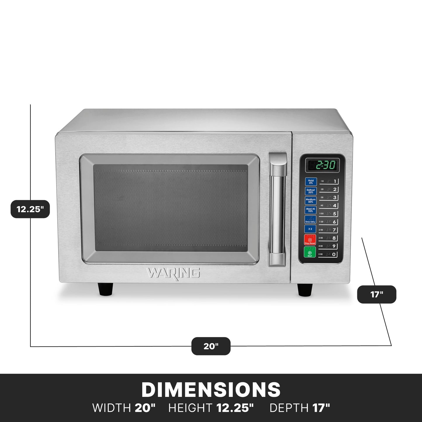 Waring Commercial WMO90 Medium Duty Microwave Oven, 0.9 Cubic Feet, 10 Programmable Memory Settings, 5 Power Levels, Stainless Steel Construction, 120V, 1000W, 5-15 Phase Plug