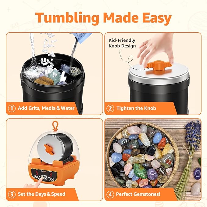 C5 Rock Tumbler for Kids - Dual Noise-Reduction for Quiet Tumbling, Adjustable Timer & Speed with Full Accessories & Memory Function, Complete Rock Polishing Kit for Starter - Great STEM Science Gift