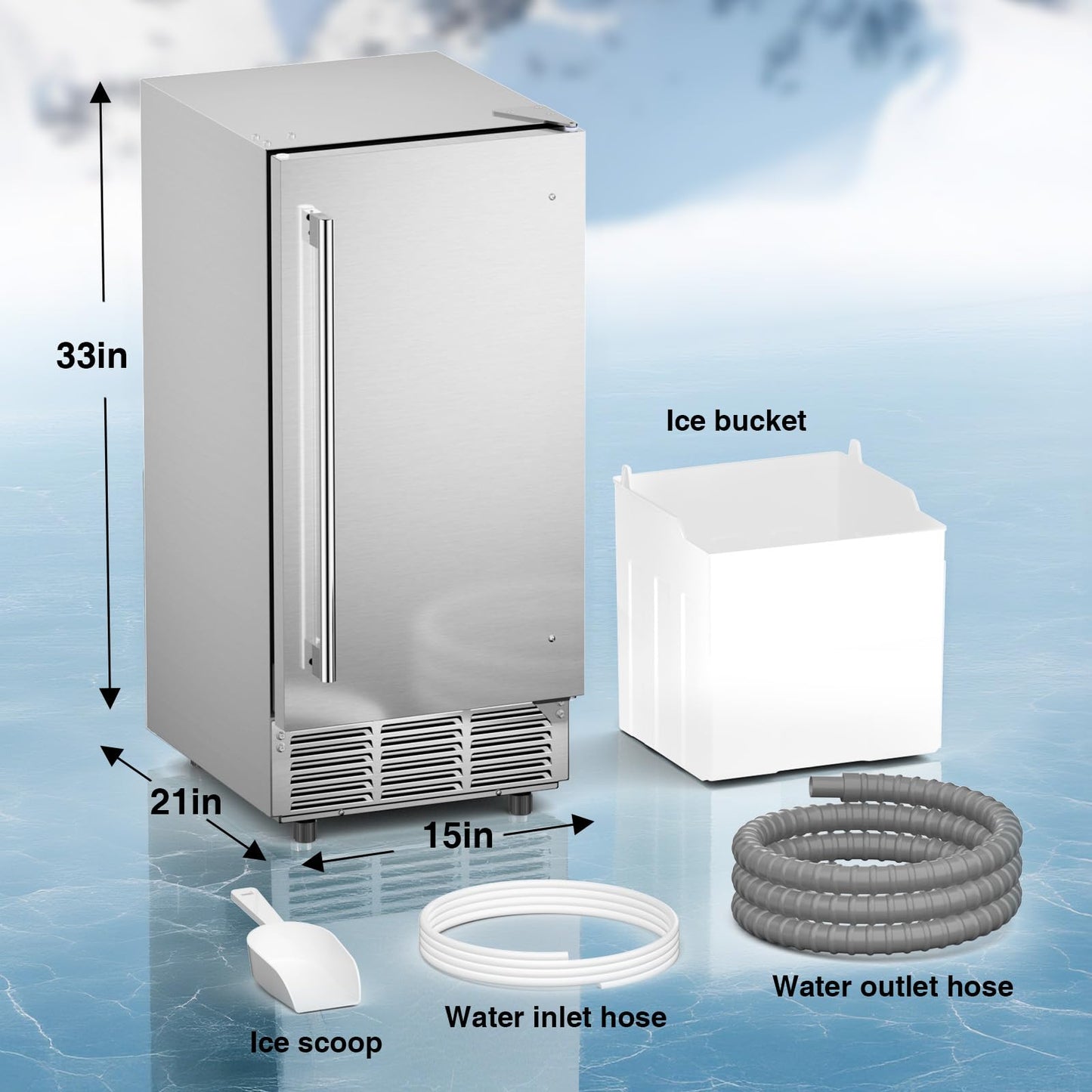 15" W Commercial Under Counter Ice Maker Machine，85 Lbs/Day with 30 LBS Storage Bin，Bulit-in Freestanding Ice Maker，Stainless Steel Under Cabinet Ice Machine，Self Cleaning，Thicknesses Adjustable
