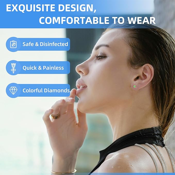 Get the Perfect Ear Piercing with 24 Pcs Premium Ear Piercing Kit - Includes 8 Green CZ Stones Earrings and 8 Easy-to-Use Self Ear Piercing Gun - Safe and Painless