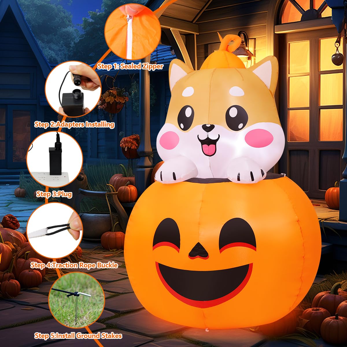 COMIN 5FT Halloween Inflatables Dog Lie on Pumpkin Blow Up Outdoor Yard Decorations with Built-in LEDs for Garden Lawn Decor