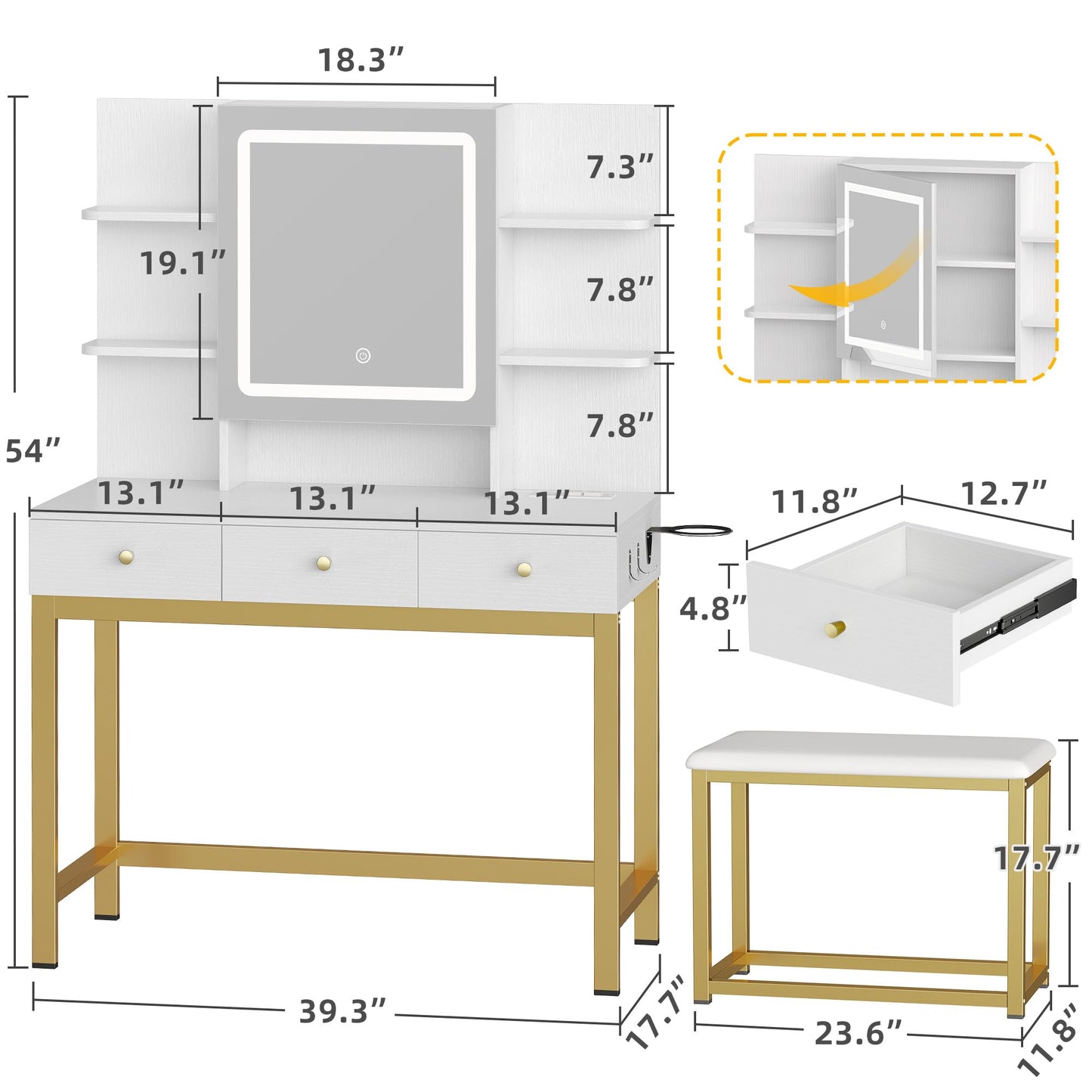 DWVO Vanity Desk with Lights, LED Mirror and Power Outlet, Adjustable 3 Color Lights Modes, Dressing Table with Chair, Makeup Table Set with Hidden Storage Shelves, 3 Drawers, Upgraded, White