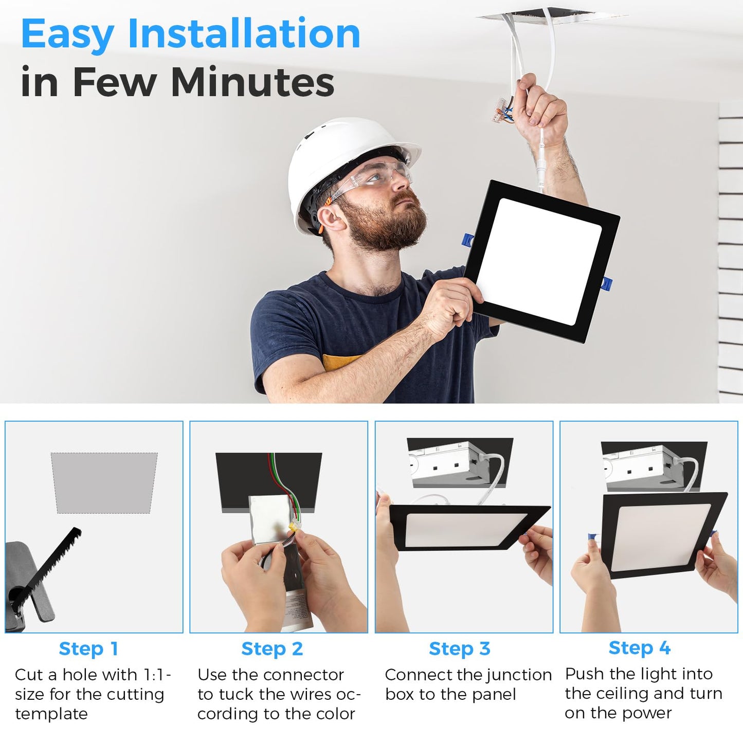 HONZIN 1 Pack 12 Inch Square Recessed Lighting, 5CCT Ultra-Thin LED Downlight, 2700K/3000K/3500K/4000K/5000K Selectable, Dimmable, 24W, IC Rated Canless Ceiling Lights with Junction Box, Black Trim