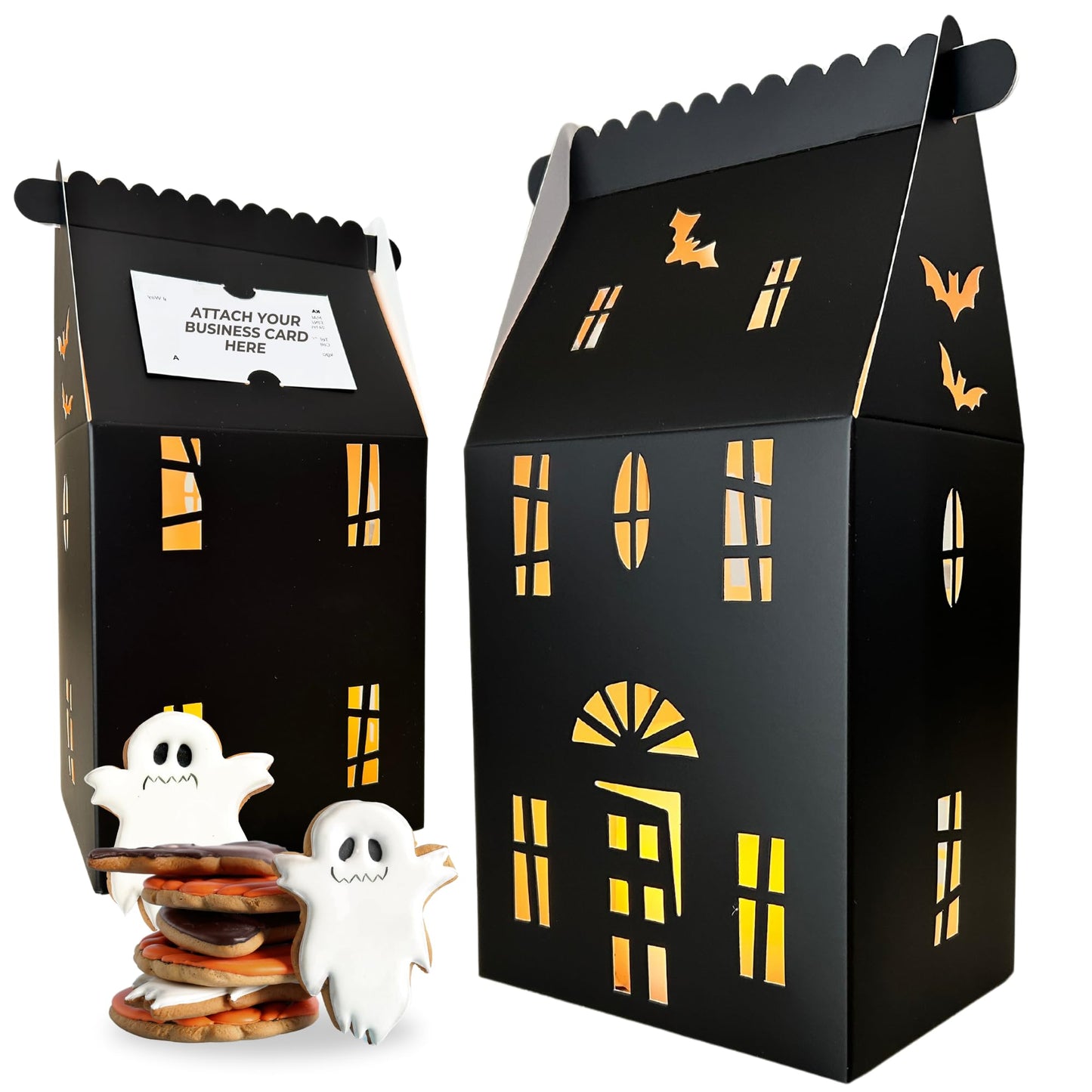 Karentology 20 Pcs Black Haunted House Shaped Gift Boxes for Treats, Desserts, Fancy Cookie, White Gable Bakery Packaging for Housewarming Holiday Christmas Valentines Halloween Gifts