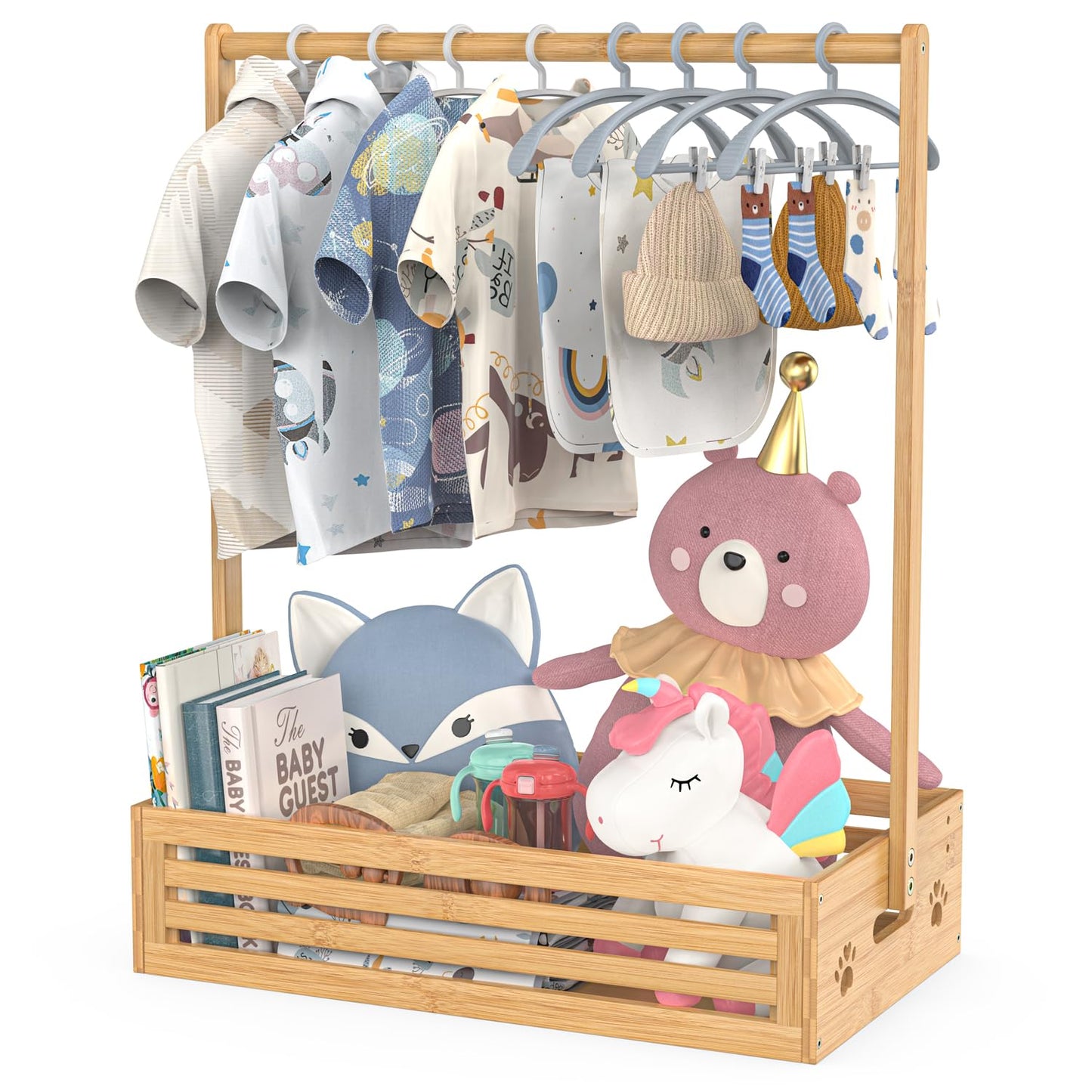 BAMBOOHOMIE Baby Clothing Rack for Toddler, Pets Clothes Rack with Storage Box & Adjustable Hanging Rod for Dogs/Cats, Baby Shower Clothes Closet Rack with Handle for Nursery Room, Natural Bamboo