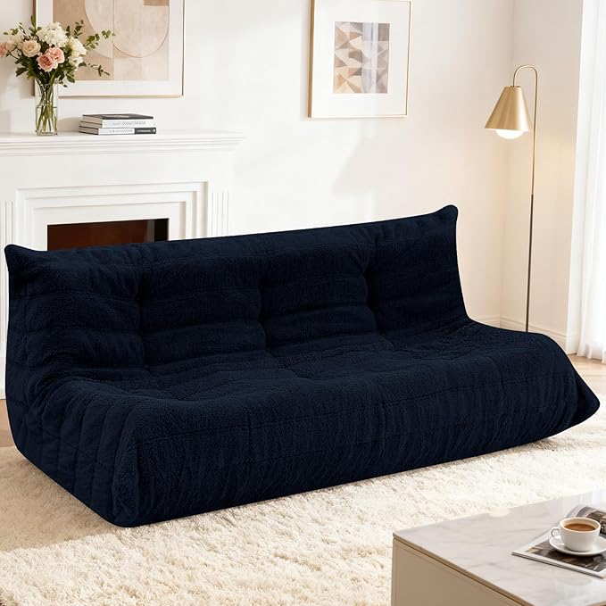 HABUTWAY Bean Bag Chairs Fireside Lazy Floor Sofa, Soft Teddy Fleece 3 Seater Sofa with High-Resilience Foam Filling，Beanbag for Living Room, Bedroom, Office (Navy Blue Teddy)