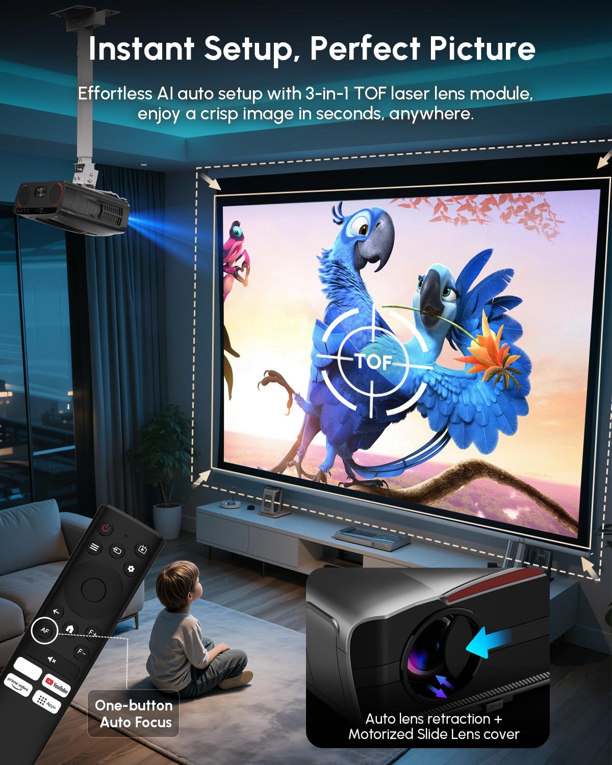 Daytime Projector 4K Home Theater 2400 ANSI,HDR10+,Auto Lens Cap/Focus/Keystone,Smart TV Projector with Apps,WiFi,Bluetooth,2*38W Speakers,2 HDMI eARC/CEC,for HD Indoor Movie Gaming Room Ceiling 2026