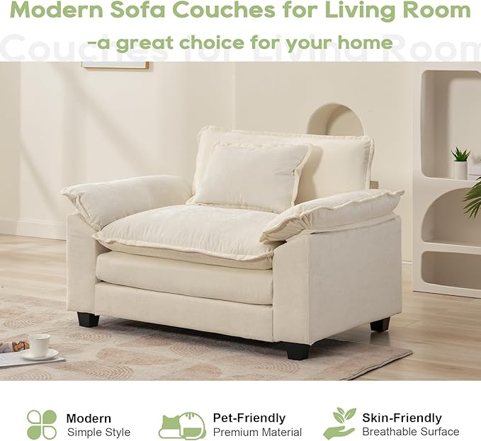 Oprisen Modular Sectional Sofa, Comfy Cloud Couch Sectional Sofa, Chenille Sofa Sleeper Deep Seat Sofa with Throw Pillows for Living Room (Beige White, 53"- Single Seat)
