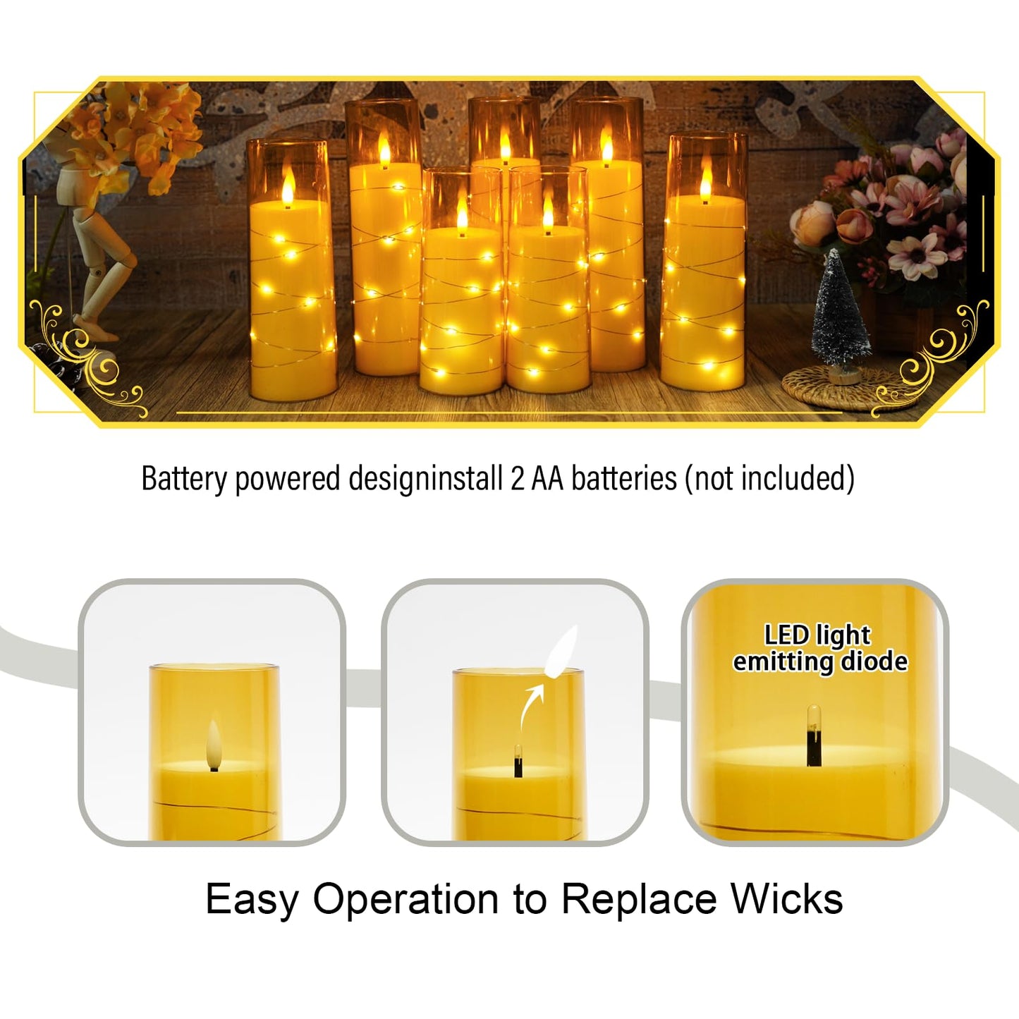 Eebuss Flameless Candles with Embedded Star String, Battery Operated LED Pillar Candles with Timer and Remote Control,Home Decorating for Ambiance， Set of 7 (Gold)