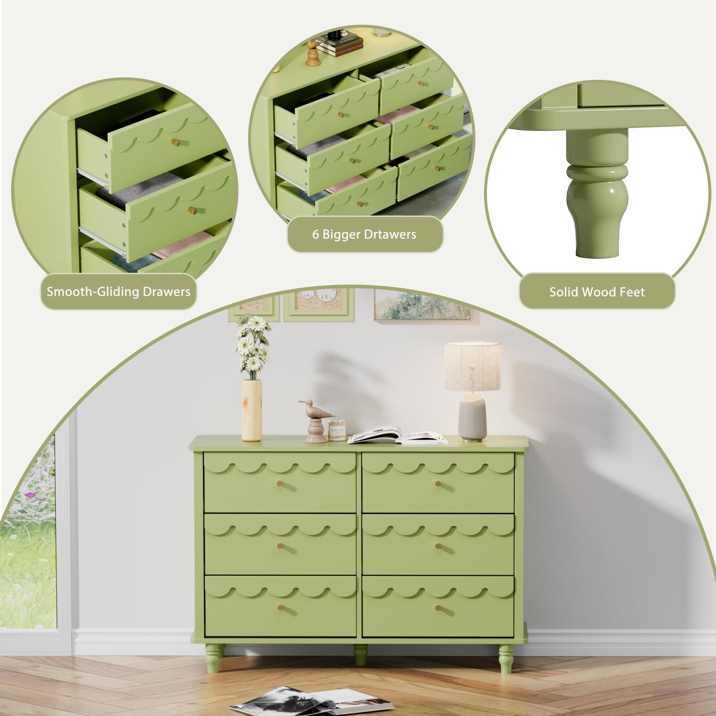 Anbuy Green 6 Drawer Dresser for Bedroom, Modern Wide Chest of Drawers, Scalloped Organizer Storage with Drawers, Fluted Petal Pattern Large Storage Cabinet for Bedroom, Living Room, Porch