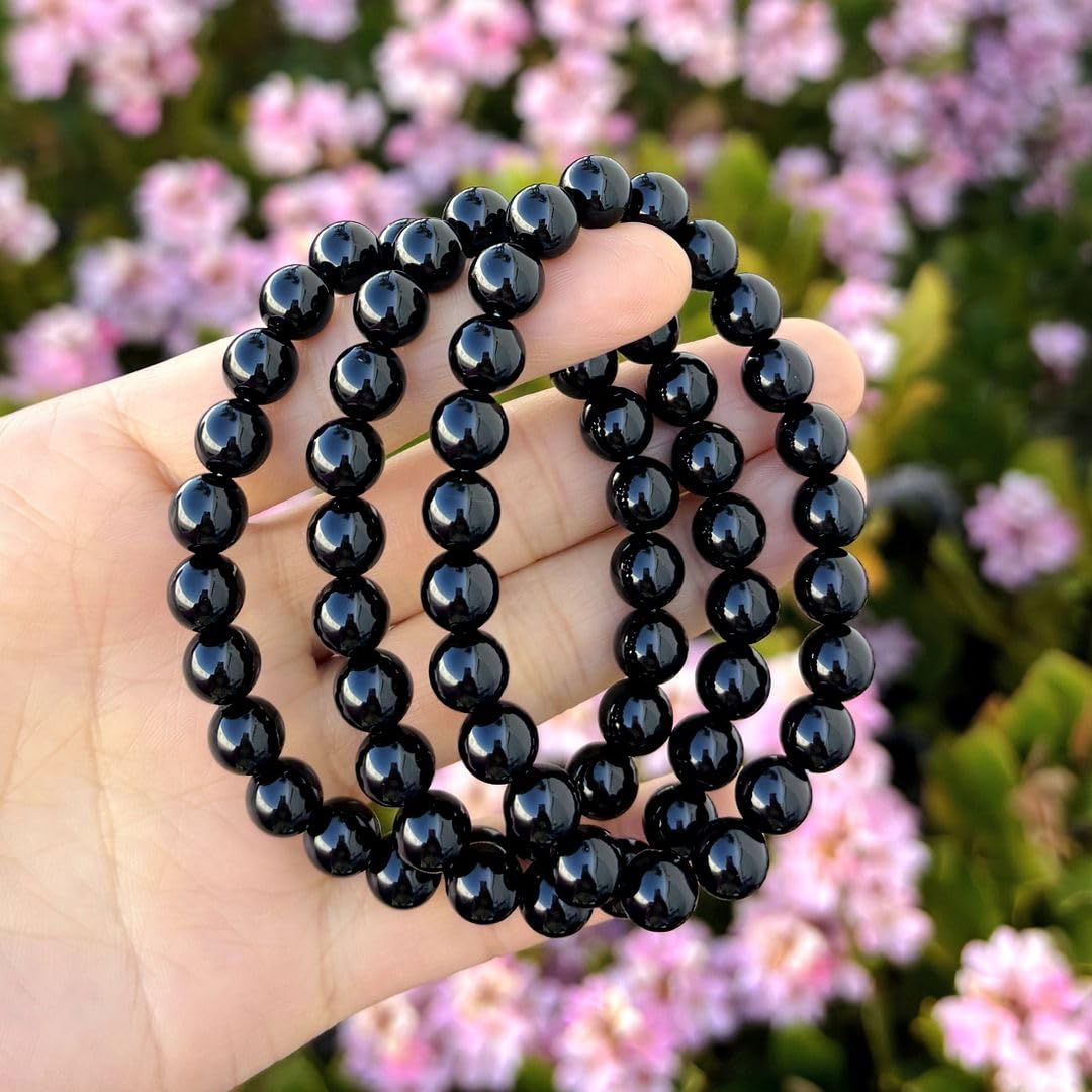 Adabele Real Natural Black Agate Gemstone Beaded Bracelet 8 inch Stretch Chakra Healing Crystal Stone Jewelry Women Mom Gift (Un