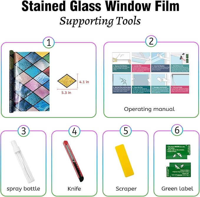 QHY Sunshine Colorful Rainbow Stained Glass Window Film Non-Adhesive Window Privacy Film Reusable Decorative for Room (Chequered Rainbow, 35.4 X 78.7 in)