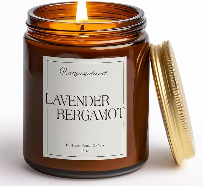 Lavender & Bergamot Scented Candles for Home, Natural Soy Wax Aromatherapy Non Toxic Candle Gifts for Women Men, Home Fragrance Decoration Glass Jar Candle for Meditation and Relaxation (9oz