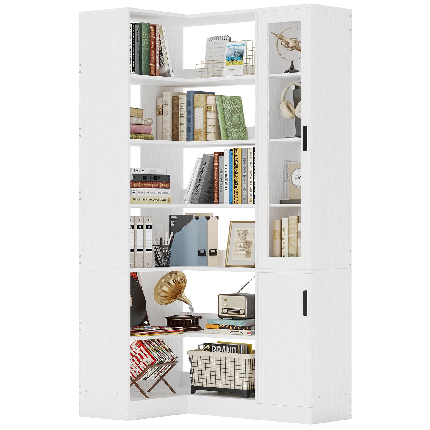 IRONCK Corner Bookshelf, 6-Tier Bookshelf with Doors and Storage, L Shaped Corner Bookshelf for Bedroom, Living Room