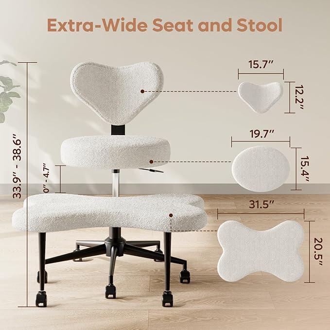 Nost & Host Cross Legged Office Chair with Wheels, 4INCH ADHD Chair for Adults, Meditation Chair, Height Adjustable Seat, Yoga Chair, Teddy Fabric, Off White