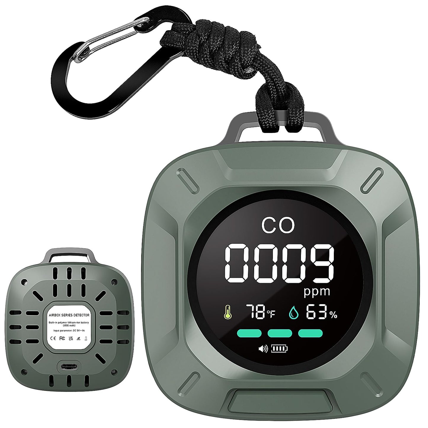 Carbon Monoxide Detectors, 3-in-1 CO Detector Portable Carbon Monoxide Detector with Magnetic Suction, Travel Carbon Monoxide Detector with Temp and humi Sensor, Rechargeable Battery for 480H Standby