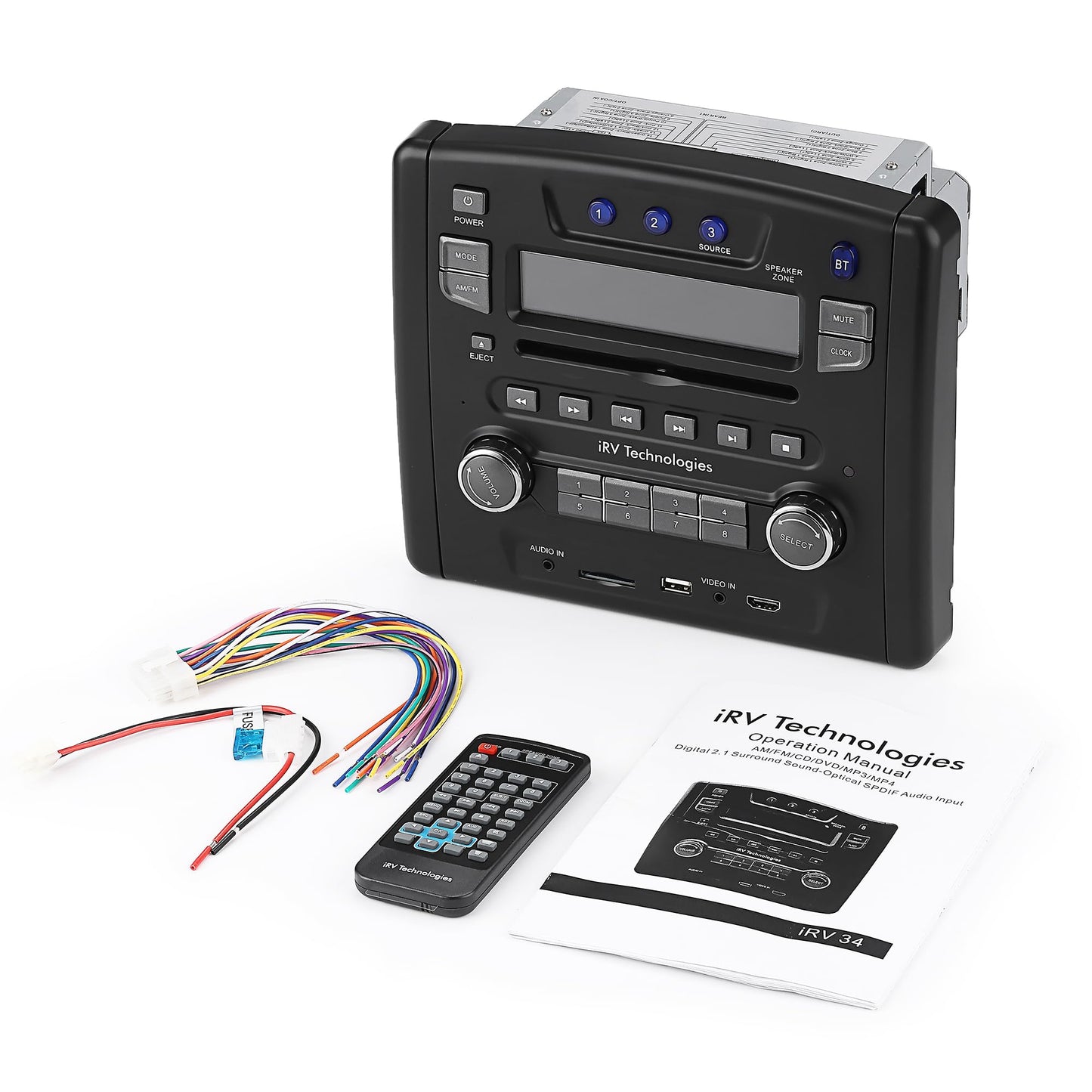 iRV Technology iRV34 AM/FM/CD/DVD/MP3/MP4 /USB/SD/HDMI/Digital2.1/Surround Sound/Bluetooth 3 Zones wall mount RV Radio Stereo