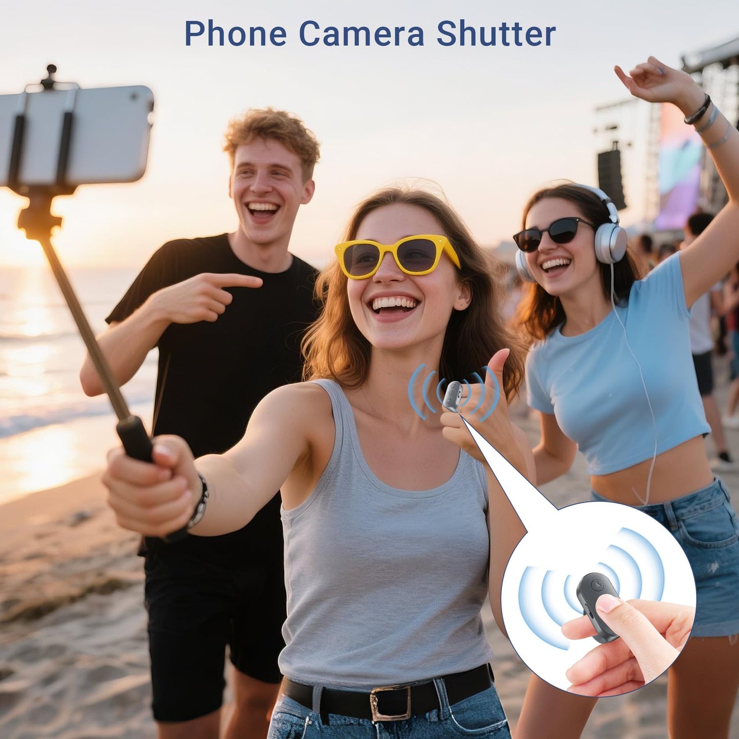 Phone Camera Ring Remote Control With Zoom In/Out, Rechargeable Shutter With Front/Rear Camera Switch For Iphone Android Ipad, H