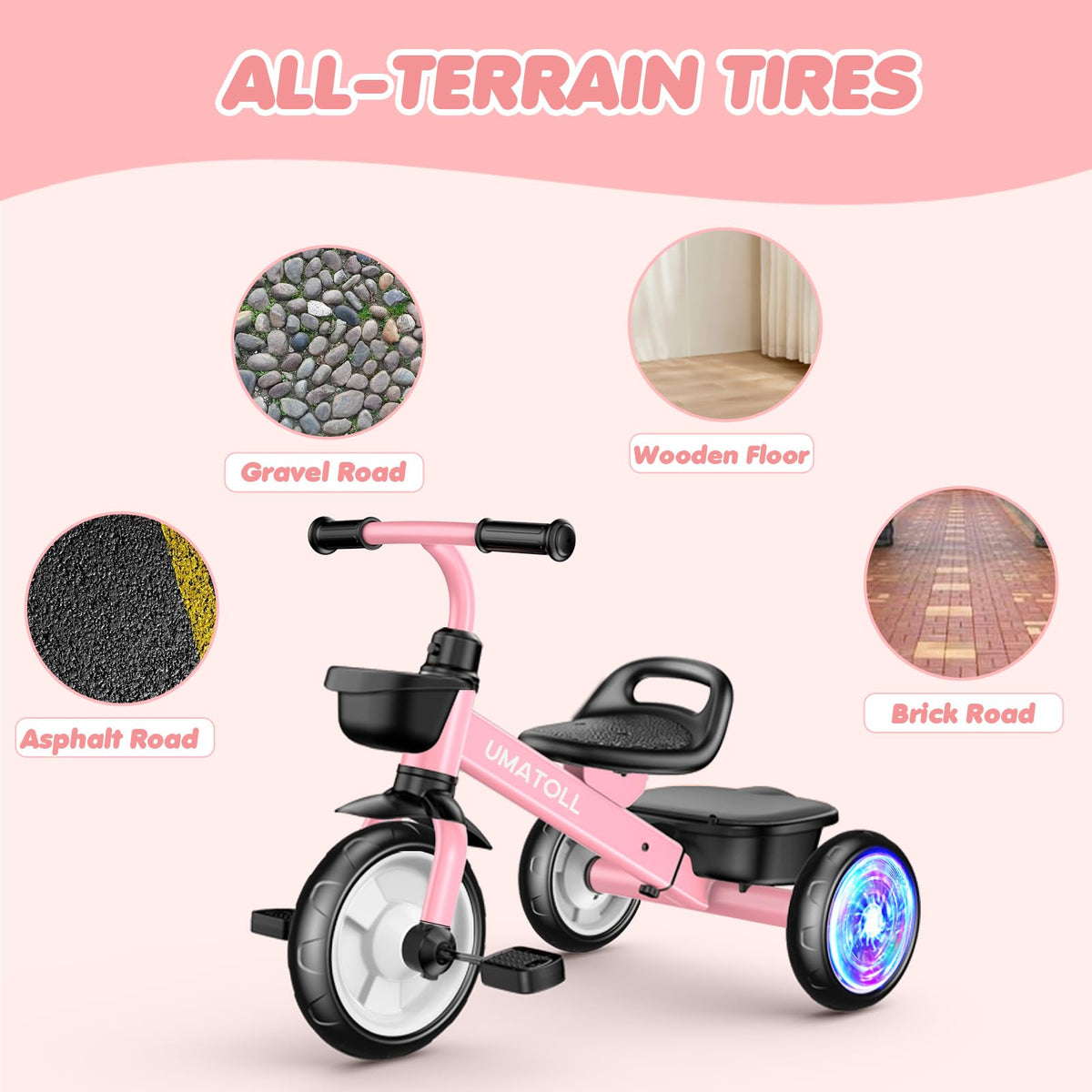Umatoll Tricycle for Toddlers 2-5 Year Old, Ajustable Toddler Bike Outdoor Toys, Birthday Gift for Girl Age 2-4, Trike with Light up Wheels