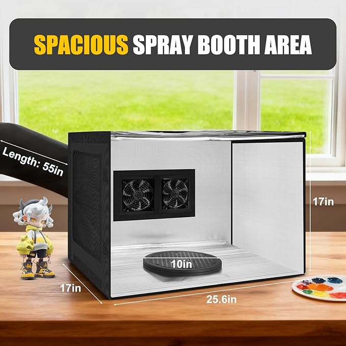 Portable Airbrush Spray Booth with Dual Exhaust Fans,Airbrush Paint Booth with Adjustable LED Lights & 360°Turntable - Foldable Airbrush Booth for Hobby,Model Painting,Makeup and Art Crafts,Black