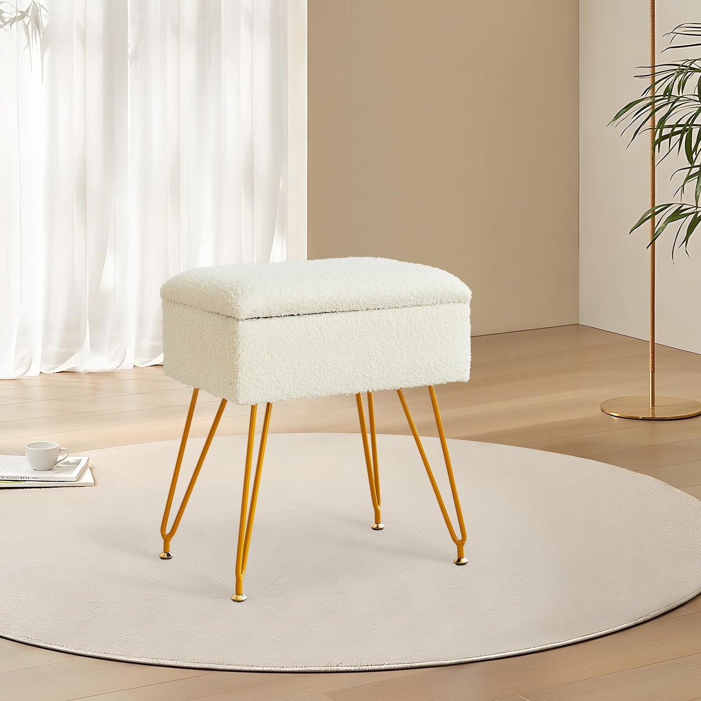 Alessing Vanity Stool Chair Ottoman with Storage, Sherpa Vanity Chair for Makeup Room, Rectangle Vanity Stools with Metal Legs, Soft Makeup Stool Footrest Footstools for Bedroom Living Room, White