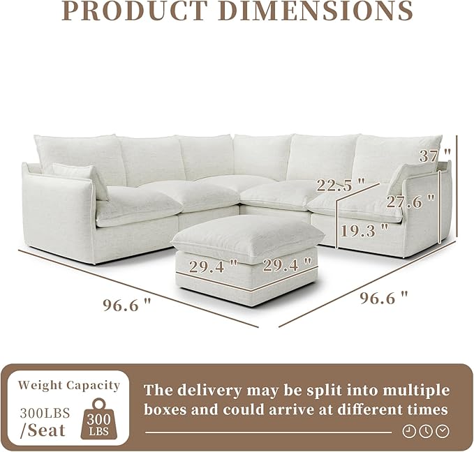 Gtilzria Cloud Sectional Couches for Living Room,High Backrest Down Filled Spill & Stain-Resistant Cloud Couch,6 Seater Oversized Modular V-Shaped Sofas,Removable Washable Cushion Covers,Cream White