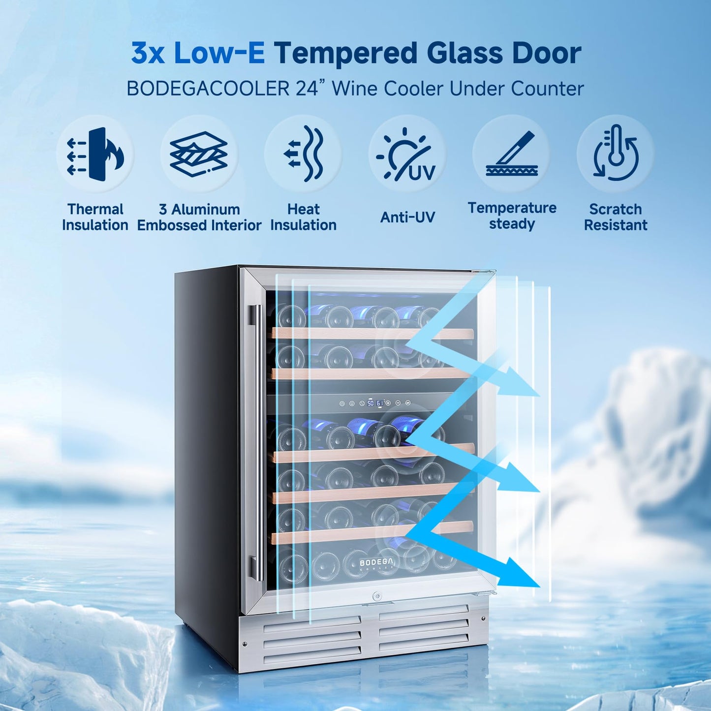 BODEGA 24 Inch Dual Zone Wine Fridge, 46 Bottle, Black 24” Wine Cooler Under Counter For Home and Kitchen, With Double-Layer Glass Door, Wine Refrigerators Free standing with Temperature Control.