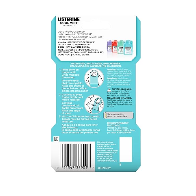 Listerine Mouthwash Pocketmist, Cool Mint | Portable Spray | Sugar-Free | Kills 99% of Germs | Fresh Breath