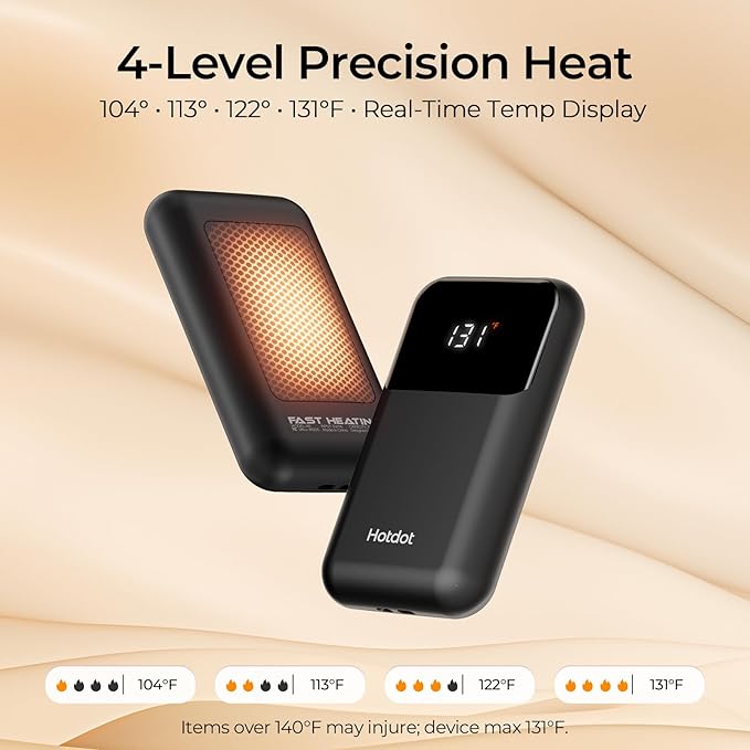 Hotdot Hand Warmers Rechargeable, Heat Levels (104–131°F), Real-Time Temp & Battery Display, Electric Hand Warmers, Fast Heating, Fits in Gloves/Pocket, Gifts for Women & Men