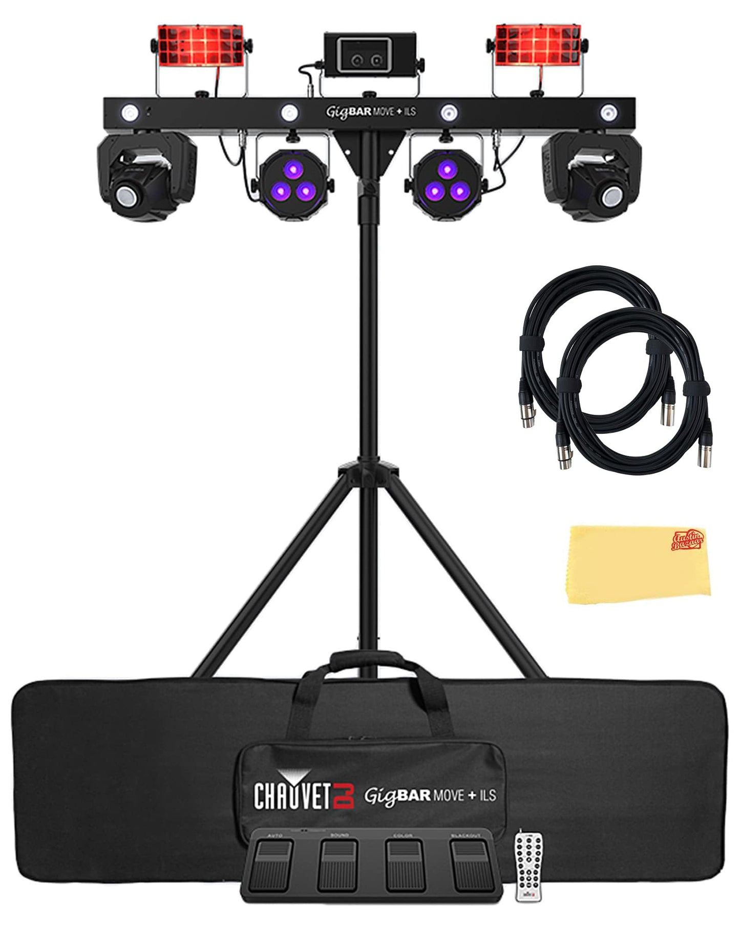 Chauvet Dj Gigbar Move + Ils 5-In-1 Lighting System With 2 Moving Heads Bundle With 2 Dmx Cables And Austin Bazaar Polishing Clo