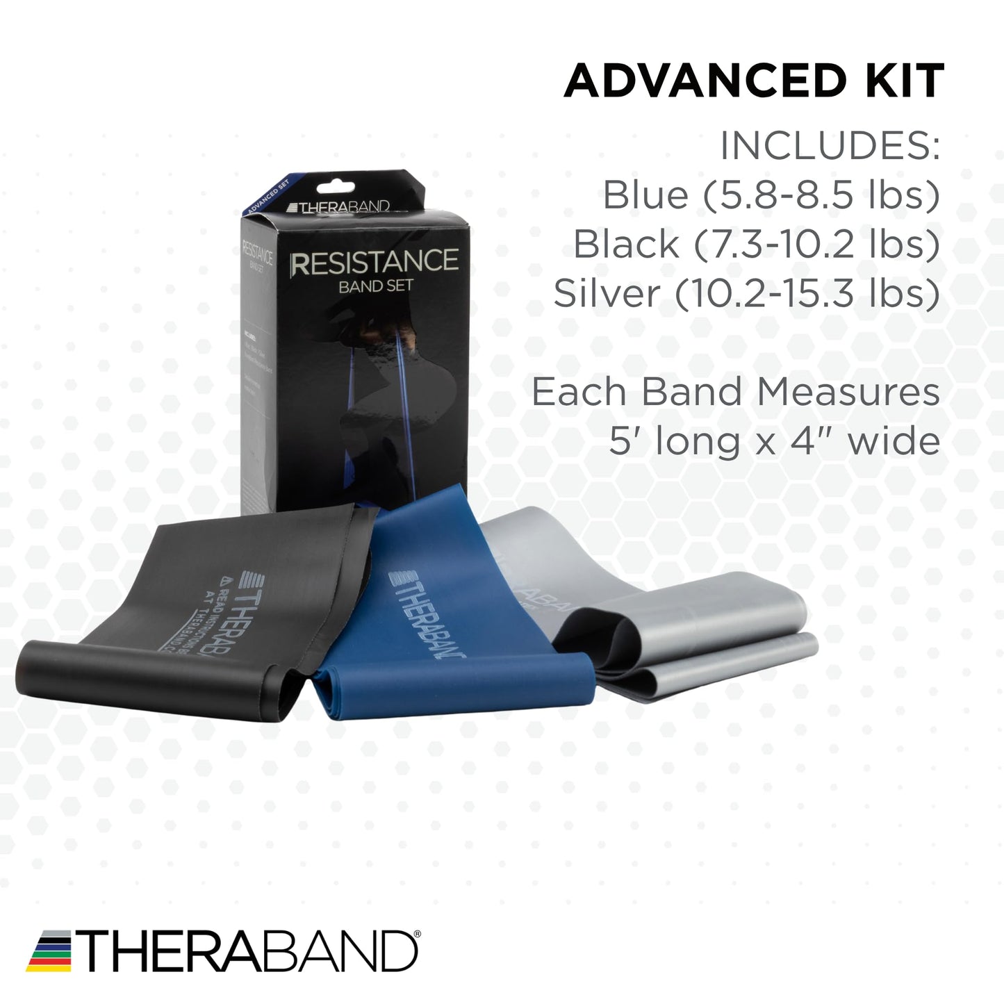 THERABAND Resistance Bands Set, Advanced Kit, Blue, Black, Silver, Latex Elastic Bands for Exercise & Physical Therapy, Strength Training Bands for Upper & Lower Body Fitness