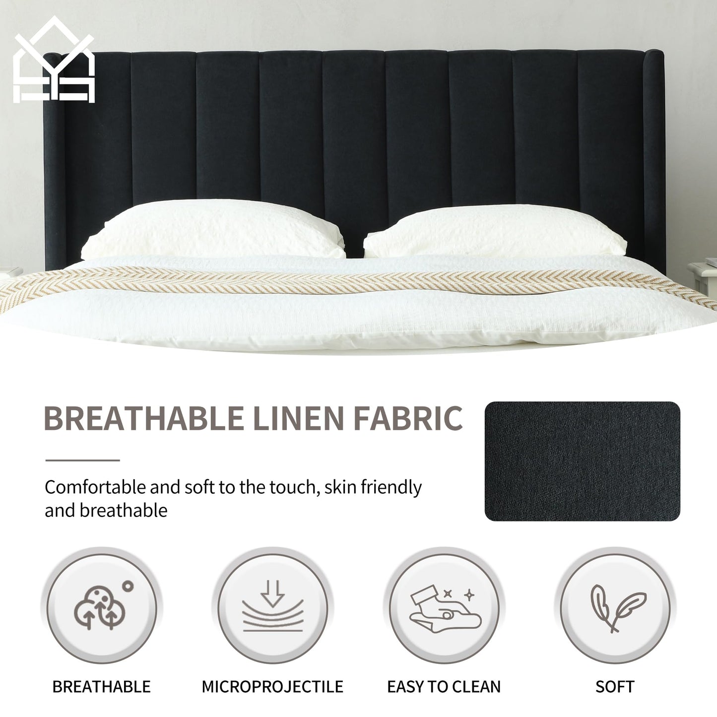 YUHUASHI upholstered Platform Bed Frame/Queen Bed Frame/Modern Geometric Double-Wing Design headboard/Linen Fabric/Easy to Assemble no Noise (Black, Queen (U.S. Standard))