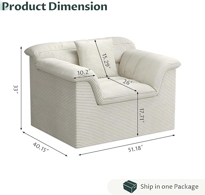 SUNG7 51" Cloud Sectional Couch, Modern Modular Sofa with Deep Seat, Comfy Compressed Single Sofa, Upholstered Corduroy Couches for Living Room, No Assembly Required, Beige