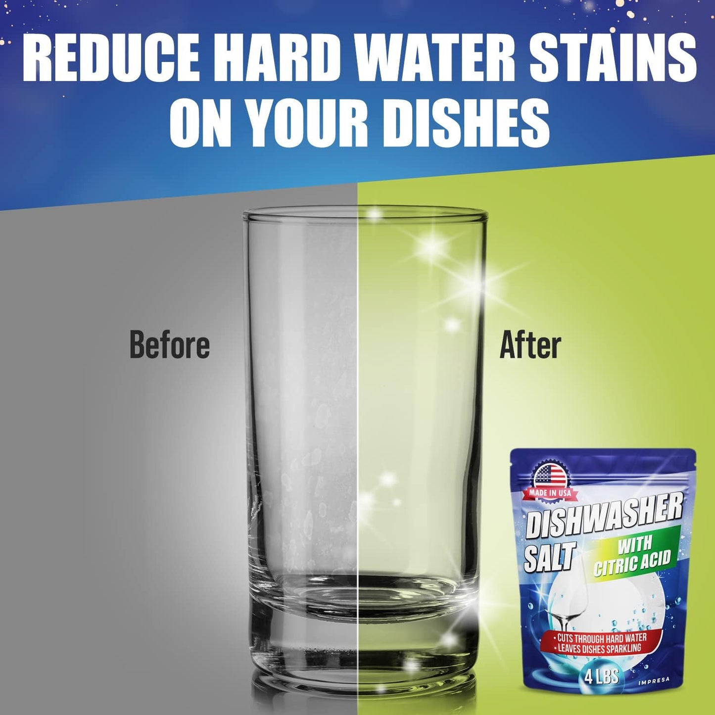 IMPRESA Dishwasher Rinse Aid Salt - 4 Lb - Citric Acid Cleaner & Descaler - Hard Water Stain Remover & Detergent Booster
