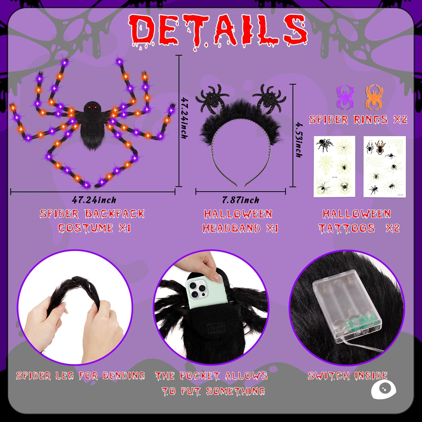Halloween Spider Costume for Adult Orange Black LED Lights Candy Backpack Headband Ring Tattoos for Trick or Treat Cosplay Halloween Party Decorations Accessories (Batteries Not Included)